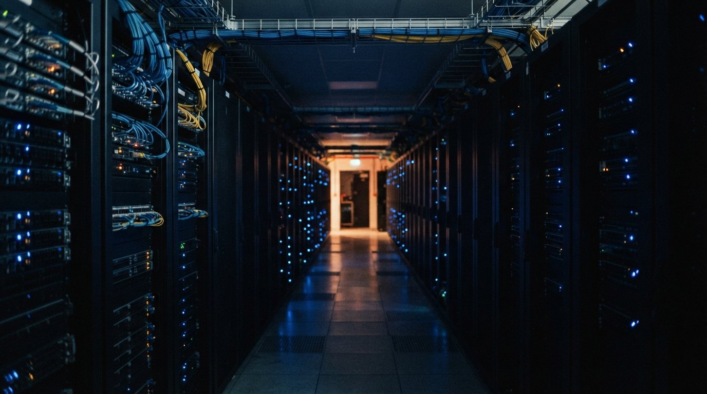 Rows of server racks inside a modern data centre
